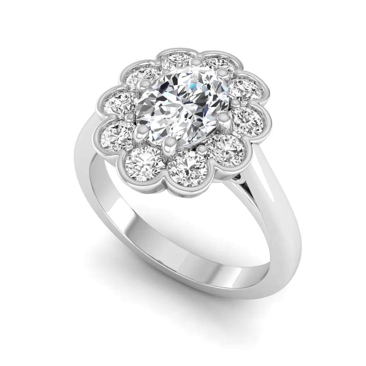 Oval cut lab grown diamond engagement ring with round diamond floral halo in white gold design