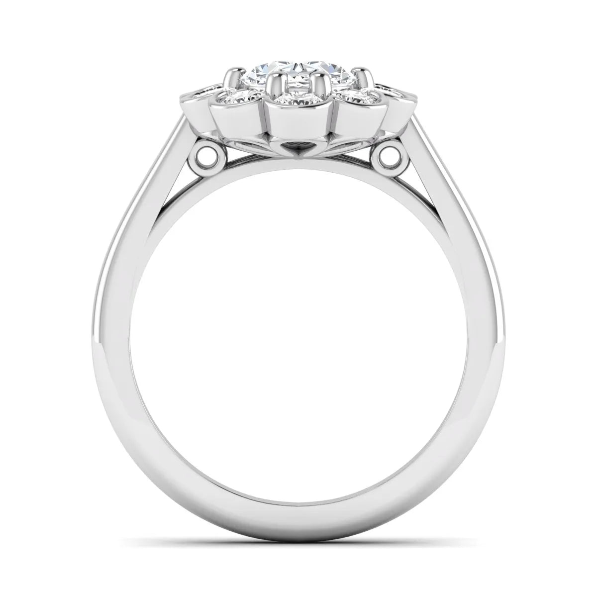 Oval cut lab grown diamond engagement ring with round diamond floral halo in white gold design