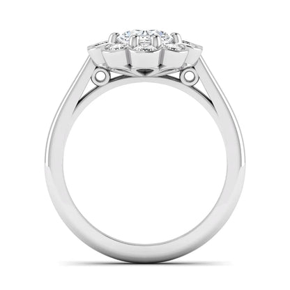 Oval cut lab grown diamond engagement ring with round diamond floral halo in white gold design