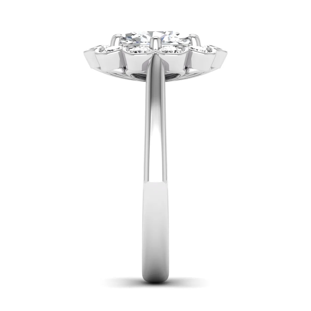 Oval cut lab grown diamond engagement ring with round diamond floral halo in white gold design