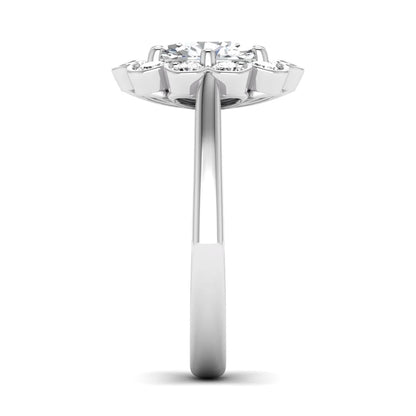 Oval cut lab grown diamond engagement ring with round diamond floral halo in white gold design