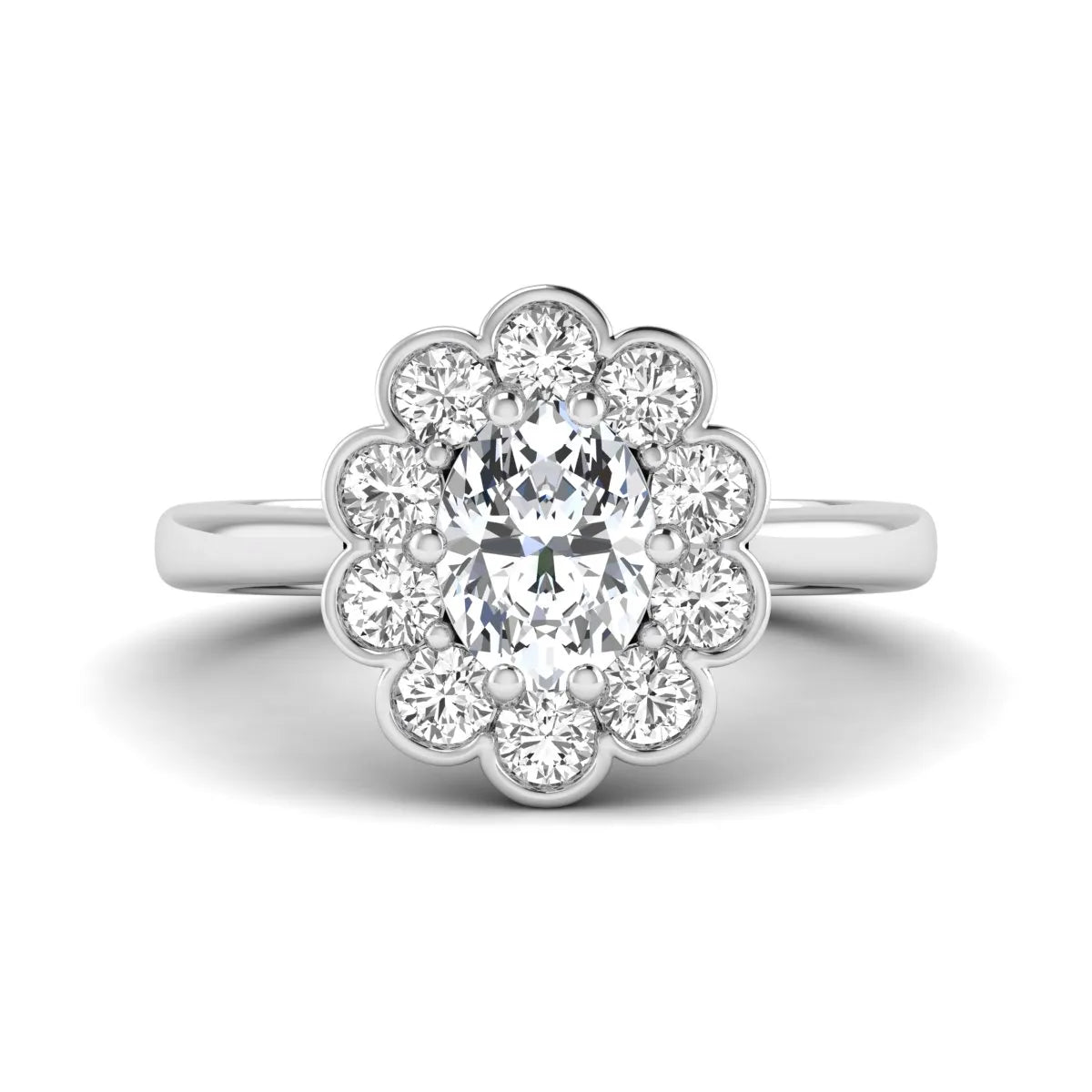Oval cut lab grown diamond engagement ring with round diamond floral halo in white gold design