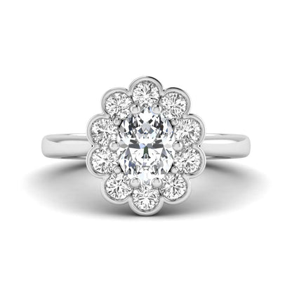 Oval cut lab grown diamond engagement ring with round diamond floral halo in white gold design