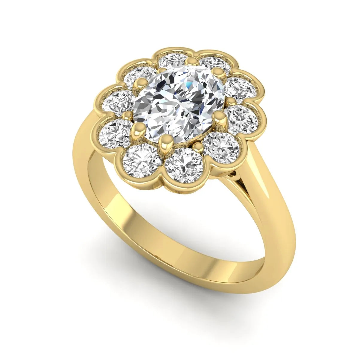 Oval cut lab grown diamond engagement ring with round diamond floral halo in yellow gold design