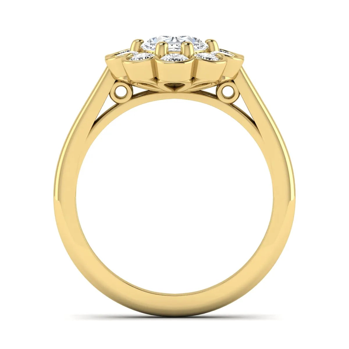 Oval cut lab grown diamond engagement ring with round diamond floral halo in yellow gold design
