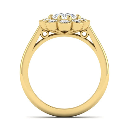 Oval cut lab grown diamond engagement ring with round diamond floral halo in yellow gold design
