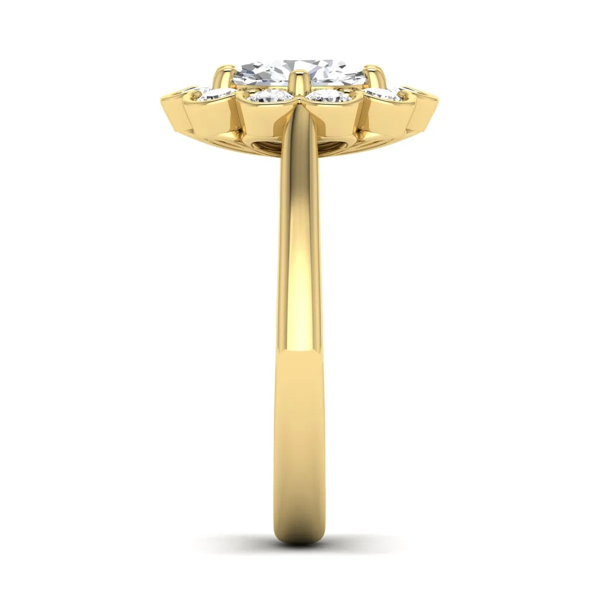 Oval cut lab grown diamond engagement ring with round diamond floral halo in yellow gold design