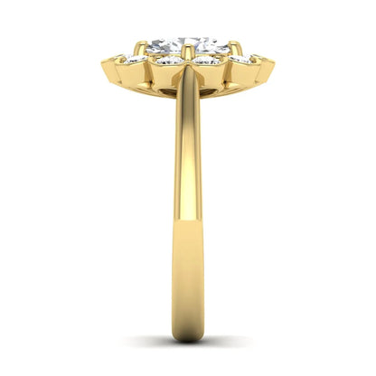 Oval cut lab grown diamond engagement ring with round diamond floral halo in yellow gold design