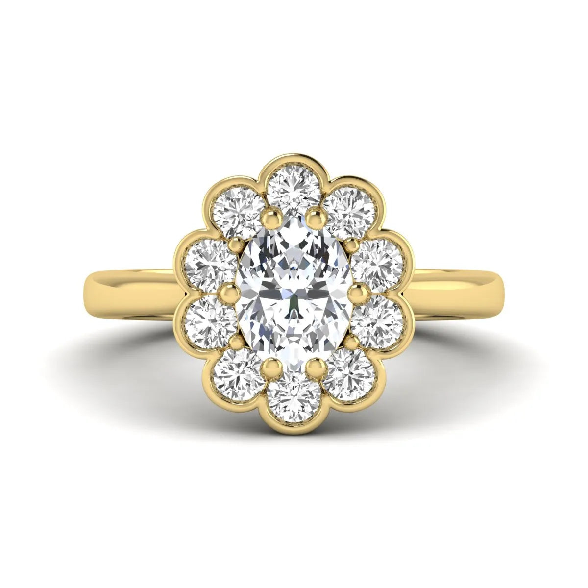 Oval cut lab grown diamond engagement ring with round diamond floral halo in yellow gold design