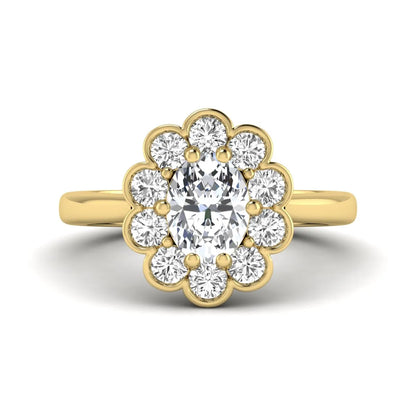 Oval cut lab grown diamond engagement ring with round diamond floral halo in yellow gold design