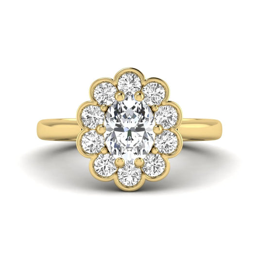 Oval cut lab grown diamond engagement ring with round diamond floral halo in yellow gold design