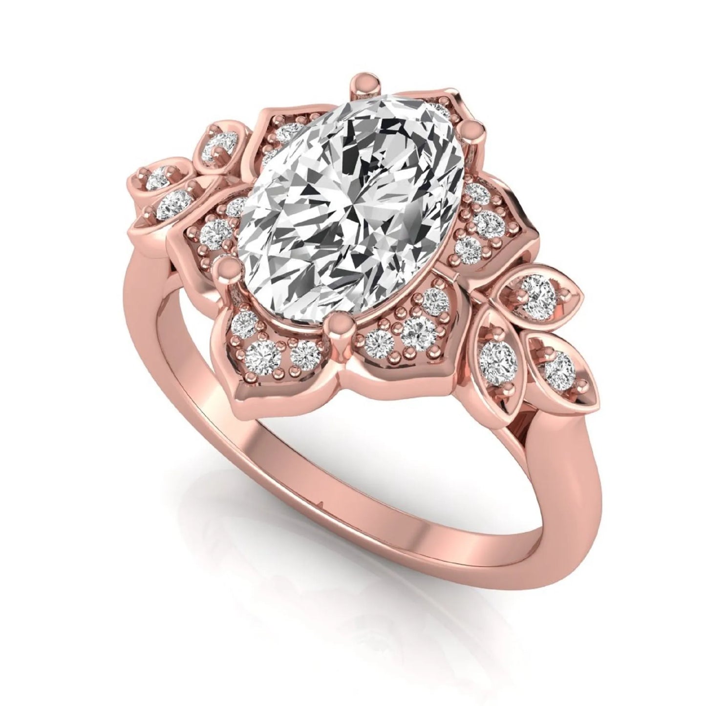 Oval cut lab grown diamond floral halo engagement ring with round diamond accents in rose gold style.