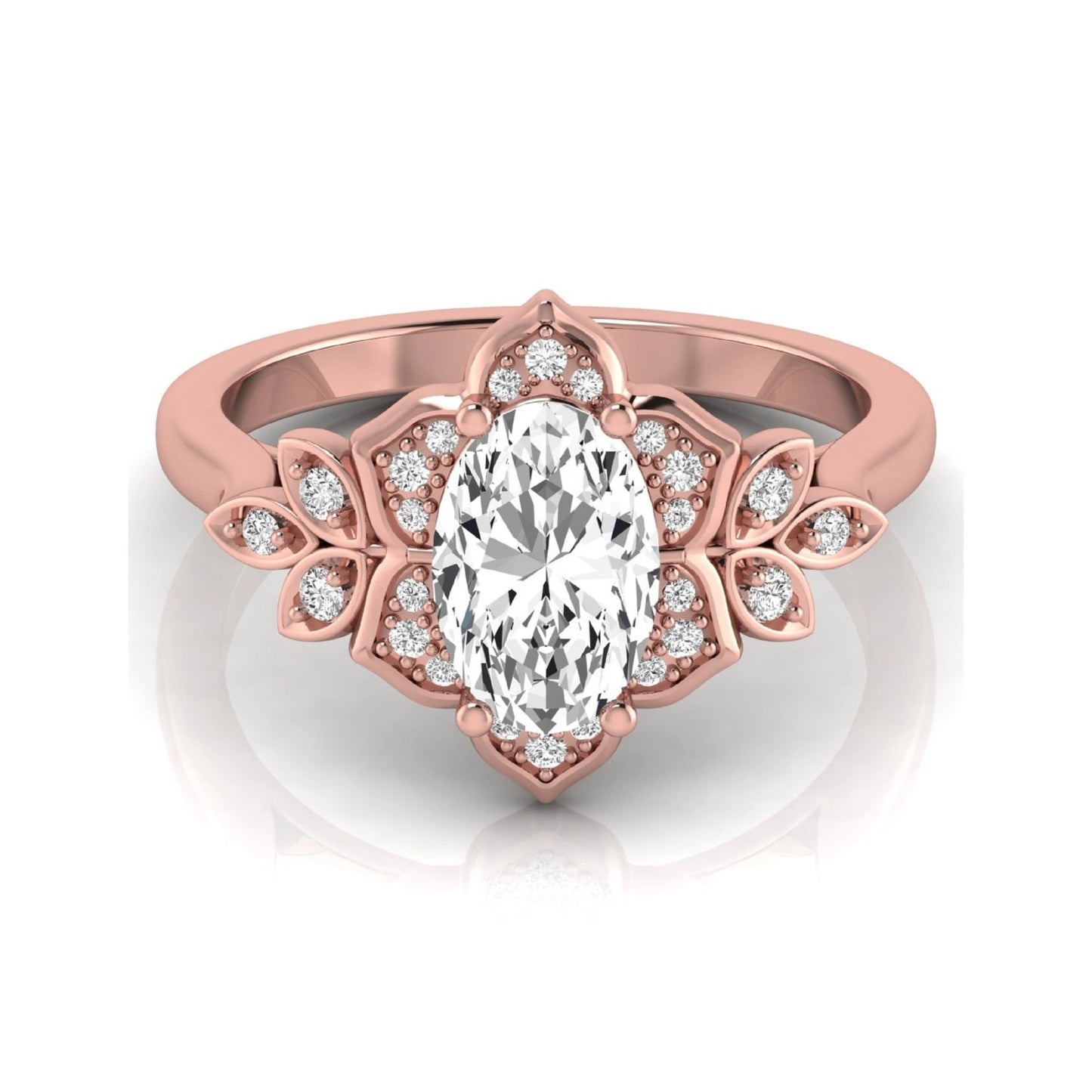 Oval cut lab grown diamond floral halo engagement ring with round diamond accents in rose gold style.