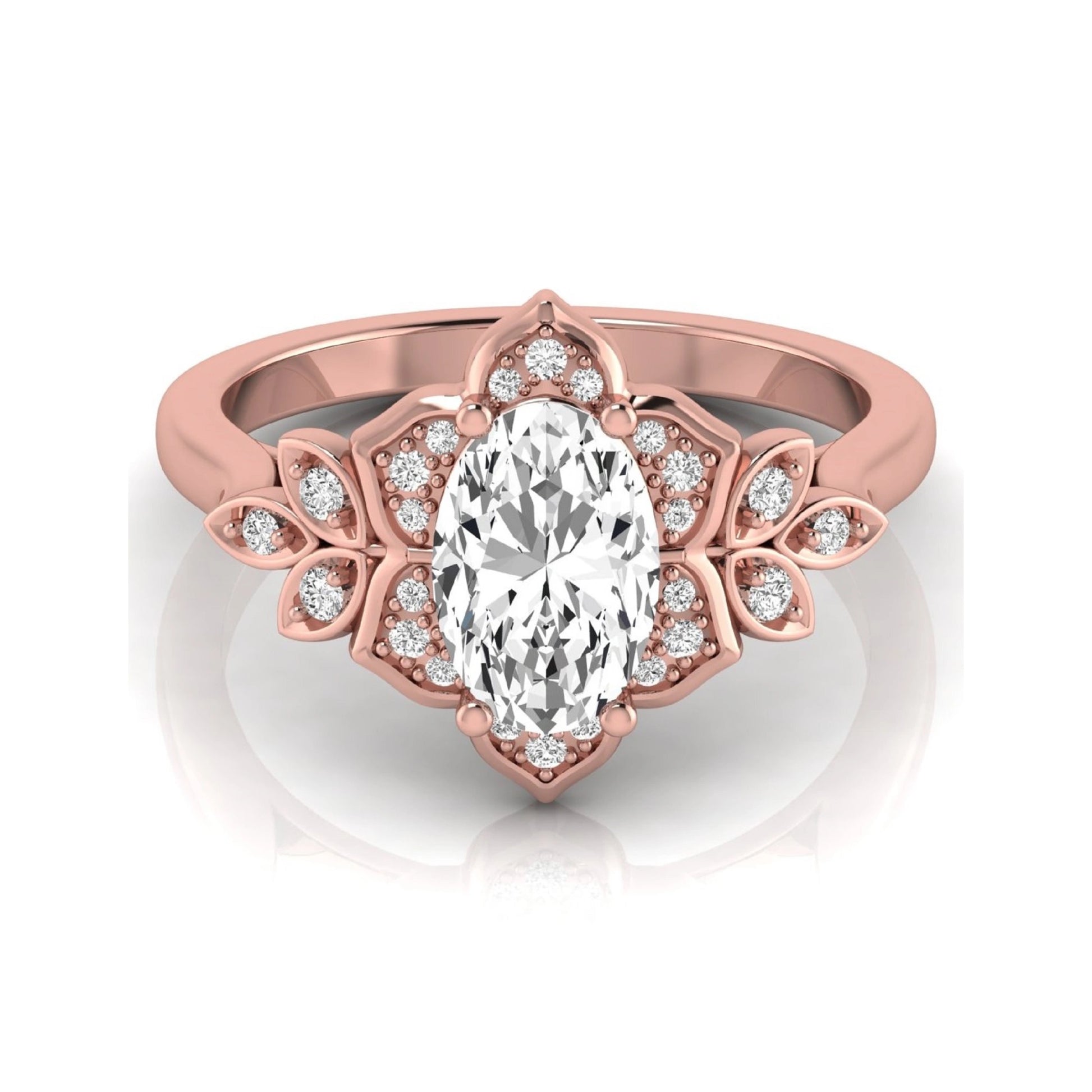 Oval cut lab grown diamond floral halo engagement ring with round diamond accents in rose gold style.