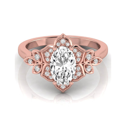 Oval cut lab grown diamond floral halo engagement ring with round diamond accents in rose gold style.