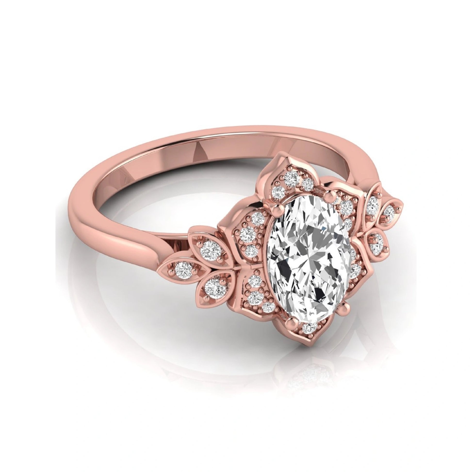 Oval cut lab grown diamond floral halo engagement ring with round diamond accents in rose gold style.