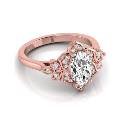 Oval cut lab grown diamond floral halo engagement ring with round diamond accents in rose gold style.