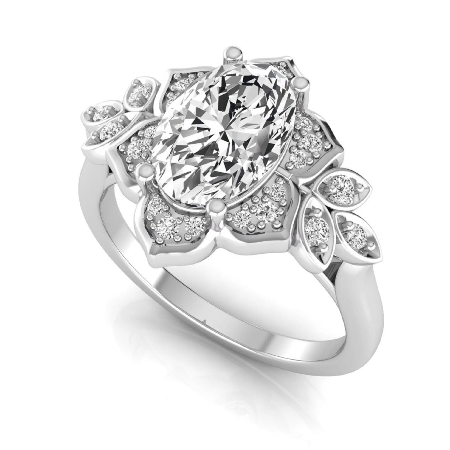 Oval cut lab grown diamond floral halo engagement ring with round diamond accents in white gold style.
