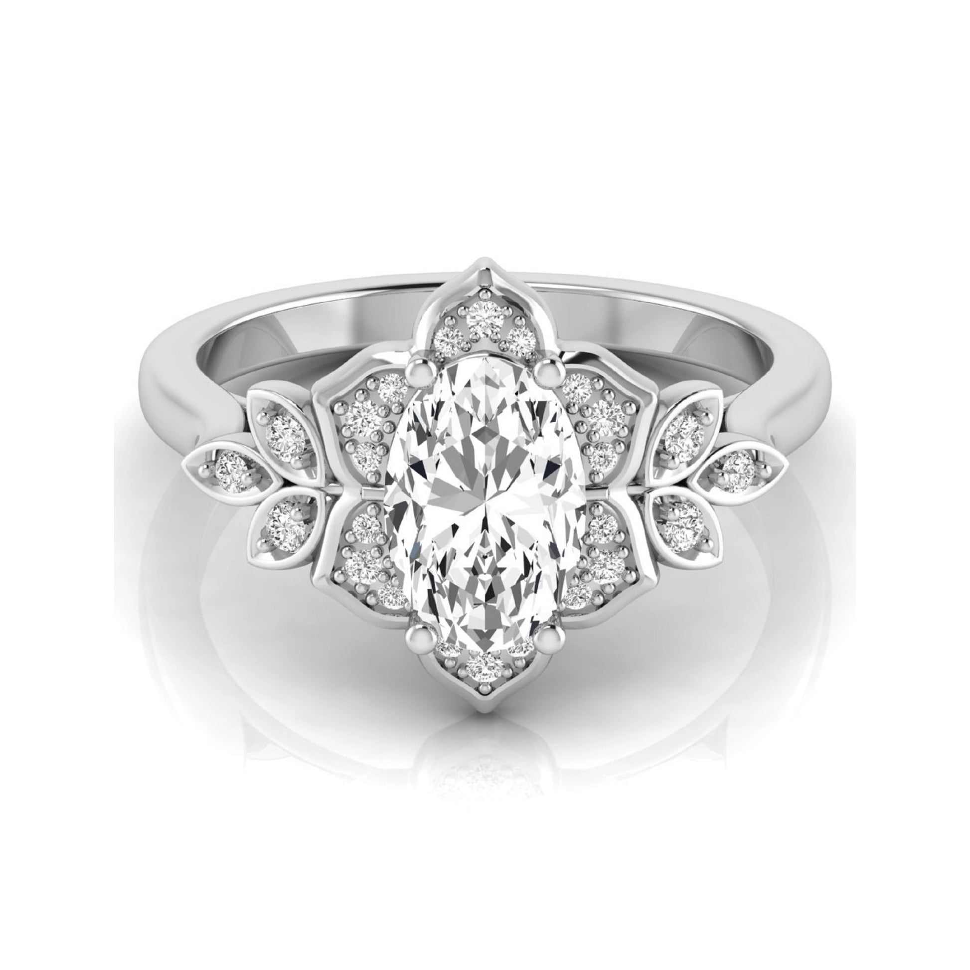Oval cut lab grown diamond floral halo engagement ring with round diamond accents in white gold style.