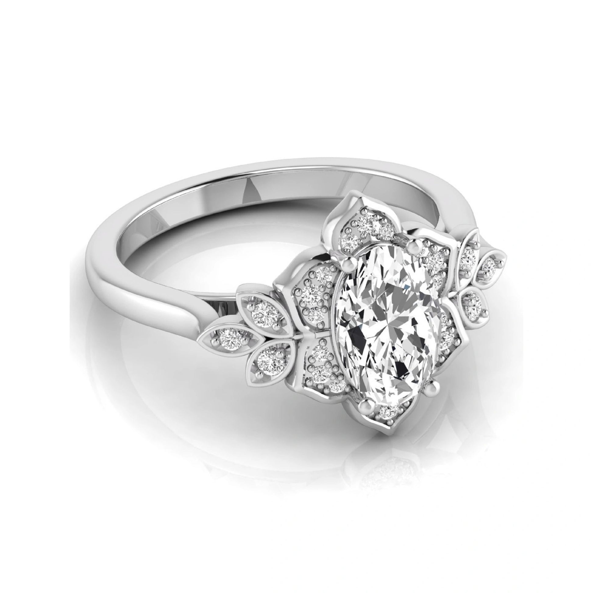 Oval cut lab grown diamond floral halo engagement ring with round diamond accents in white gold style.