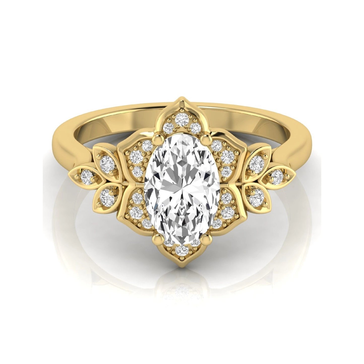 Oval cut lab grown diamond floral halo engagement ring with round diamond accents in yellow gold style.