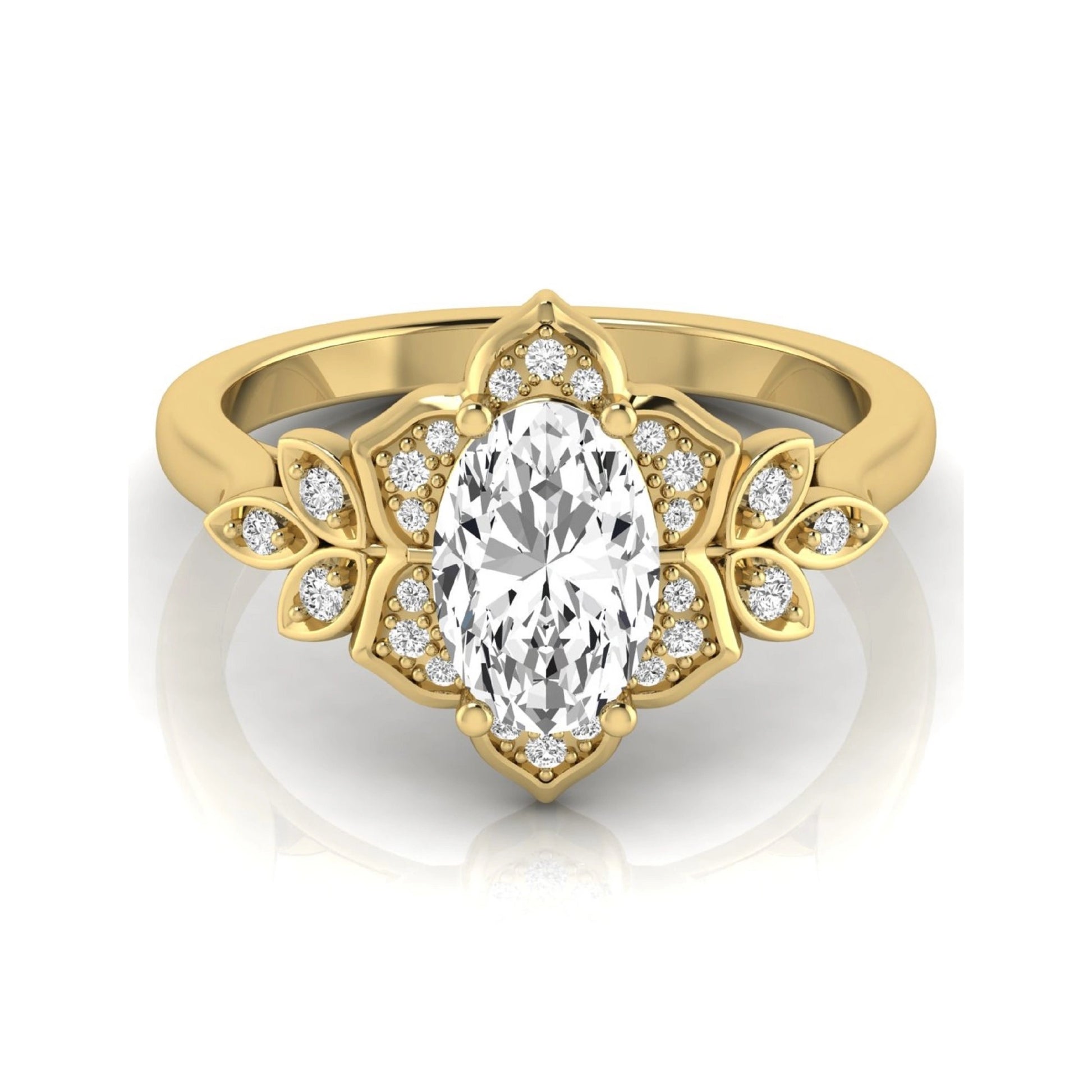 Oval cut lab grown diamond floral halo engagement ring with round diamond accents in yellow gold style.