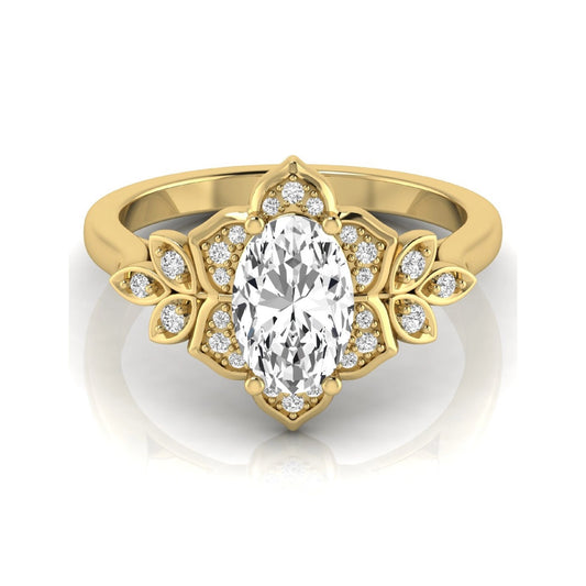 Oval cut lab grown diamond floral halo engagement ring with round diamond accents in yellow gold style.