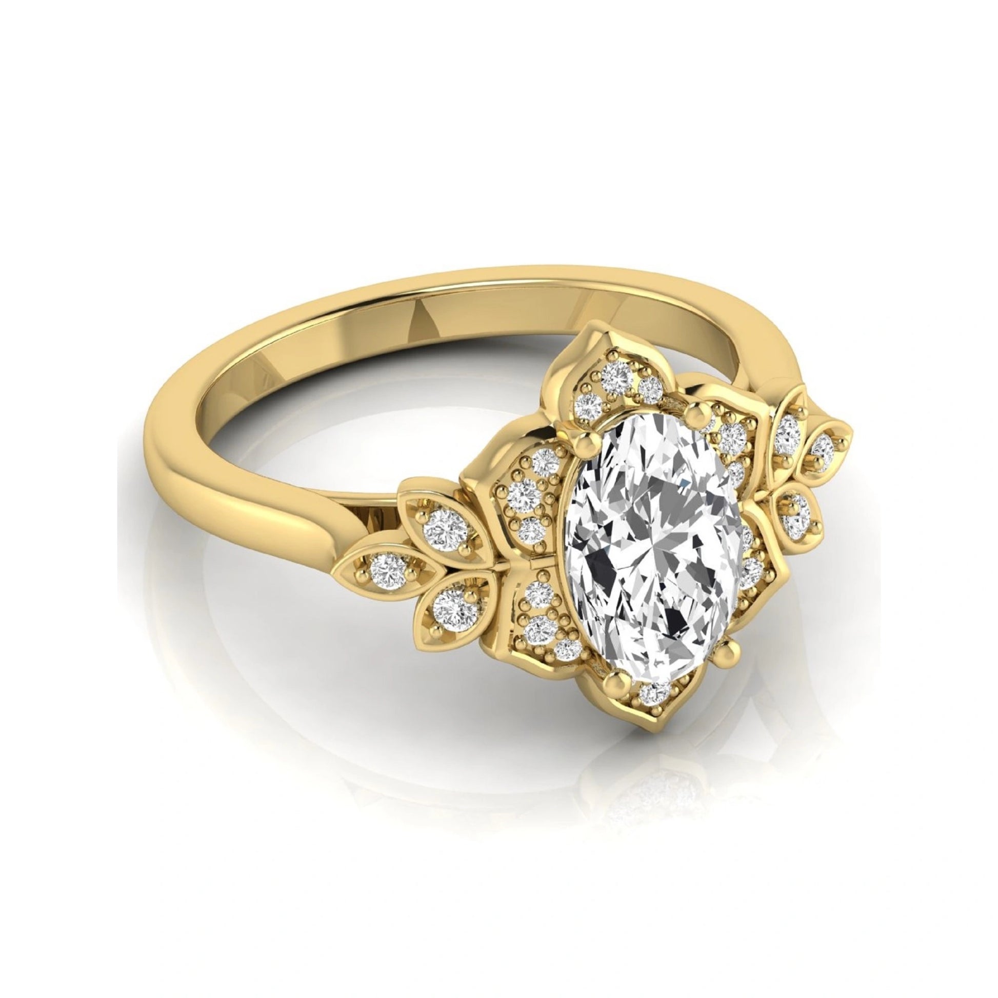 Oval cut lab grown diamond floral halo engagement ring with round diamond accents in yellow gold style.