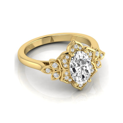 Oval cut lab grown diamond floral halo engagement ring with round diamond accents in yellow gold style.