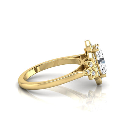 Oval cut lab grown diamond floral halo engagement ring with round diamond accents in yellow gold style.