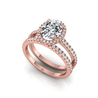 Oval cut lab grown diamond bridal ring set featuring an IGI certified center diamond with a round diamond halo and matching pavé wedding band in rose gold