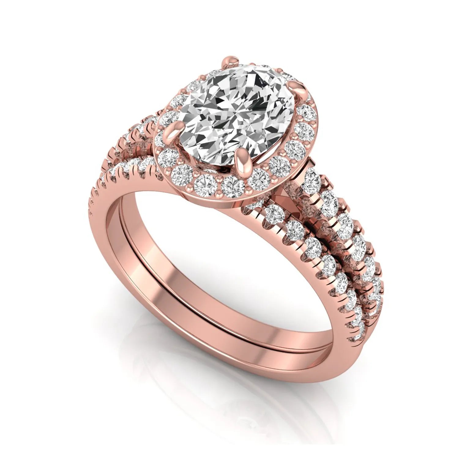 Oval halo lab grown diamond bridal ring set featuring an IGI certified oval cut center diamond with round pavé diamonds in a classic halo setting and matching wedding band in rose gold