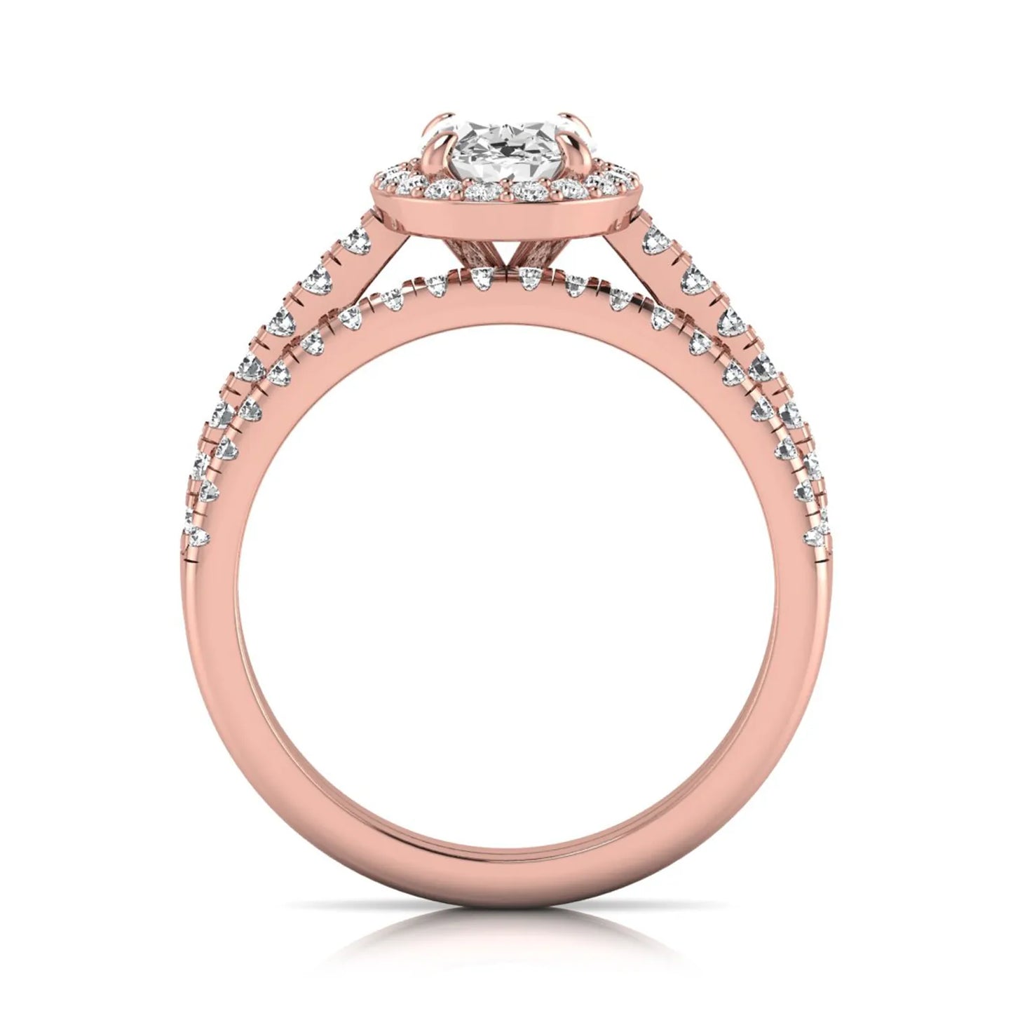 Oval halo lab grown diamond bridal ring set featuring an IGI certified oval cut center diamond with round pavé diamonds in a classic halo setting and matching wedding band in rose gold