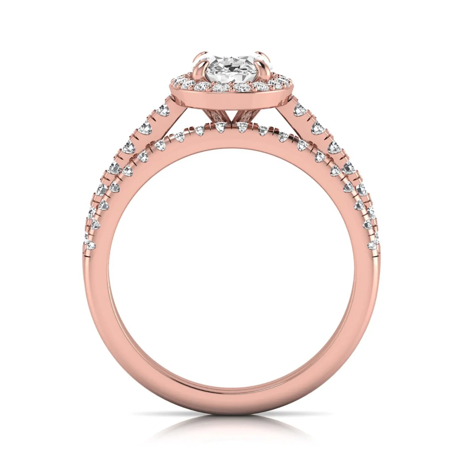 Oval halo lab grown diamond bridal ring set featuring an IGI certified oval cut center diamond with round pavé diamonds in a classic halo setting and matching wedding band in rose gold