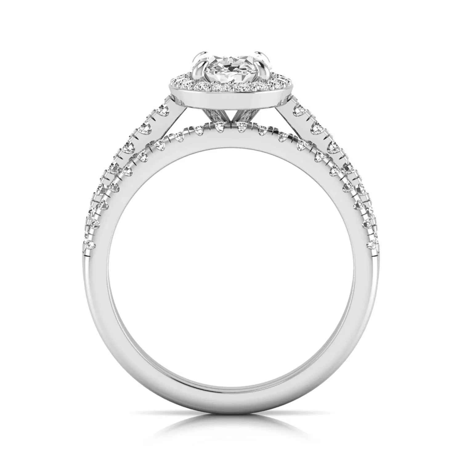 Oval halo lab grown diamond bridal ring set featuring an IGI certified oval cut center diamond with round pavé diamonds in a classic halo setting and matching wedding band in white gold