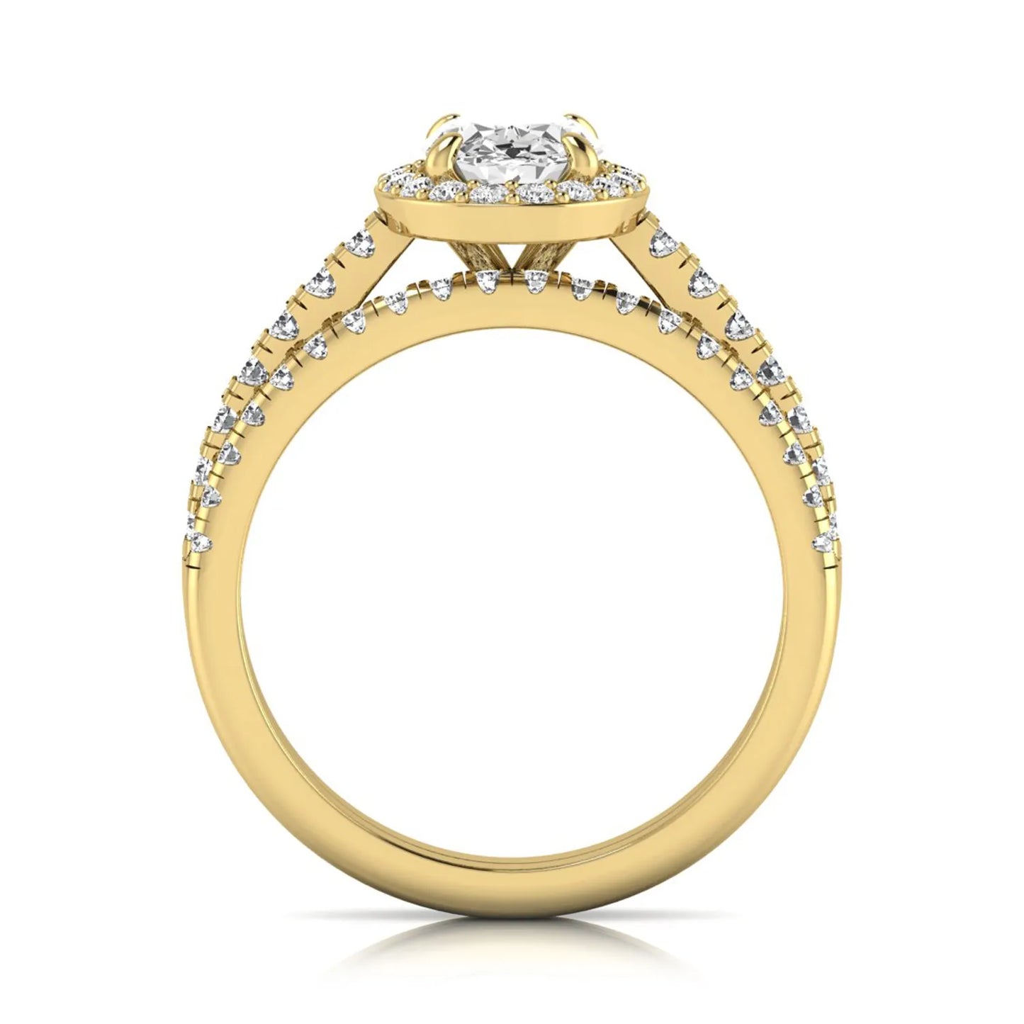 Oval halo lab grown diamond bridal ring set featuring an IGI certified oval cut center diamond with round pavé diamonds in a classic halo setting and matching wedding band in yellow gold