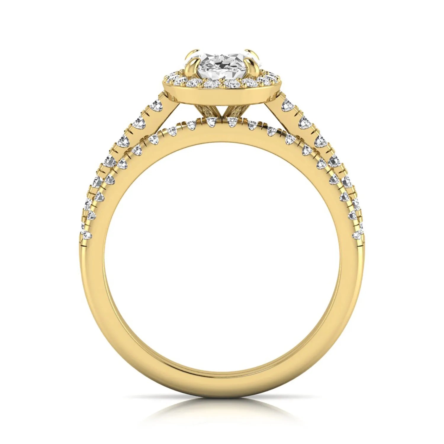 Oval halo lab grown diamond bridal ring set featuring an IGI certified oval cut center diamond with round pavé diamonds in a classic halo setting and matching wedding band in yellow gold