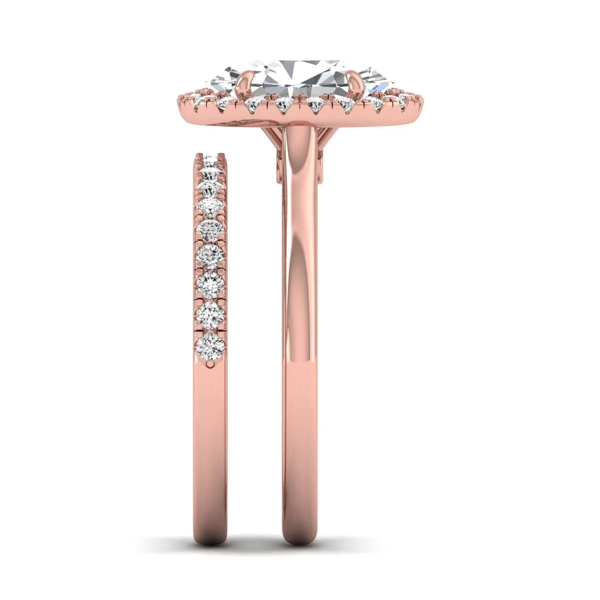 Oval halo lab grown diamond bridal ring set featuring a 2.00 carat oval center diamond with round halo and pavé side diamonds in rose gold finish.