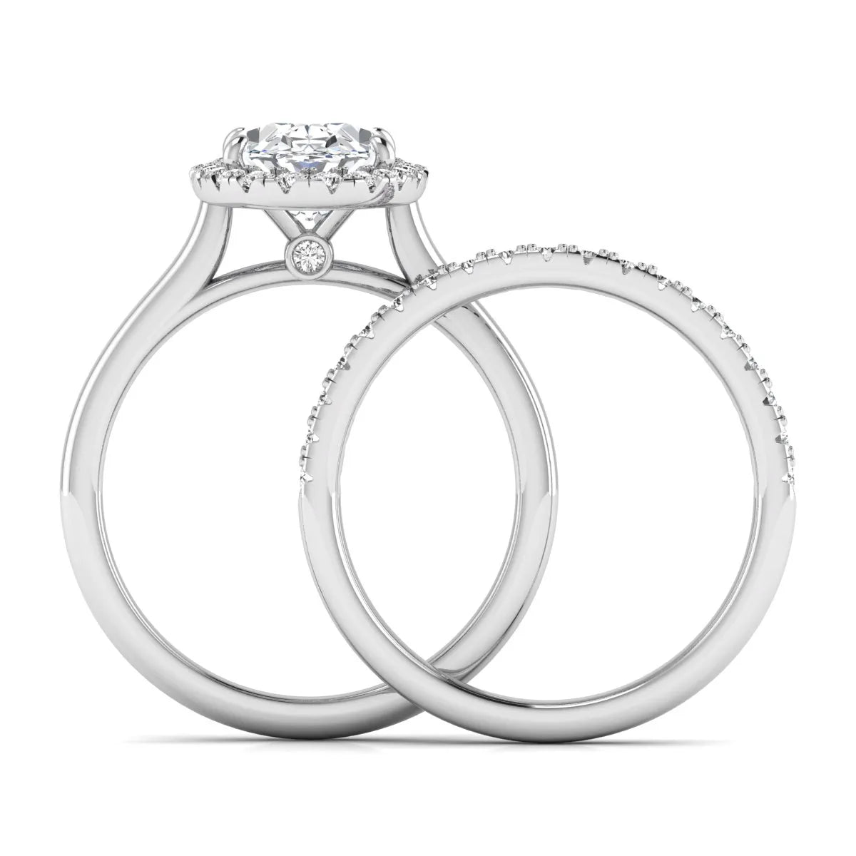 Oval halo lab grown diamond bridal ring set featuring a 2.00 carat oval center diamond with round halo and pavé side diamonds in white gold finish.