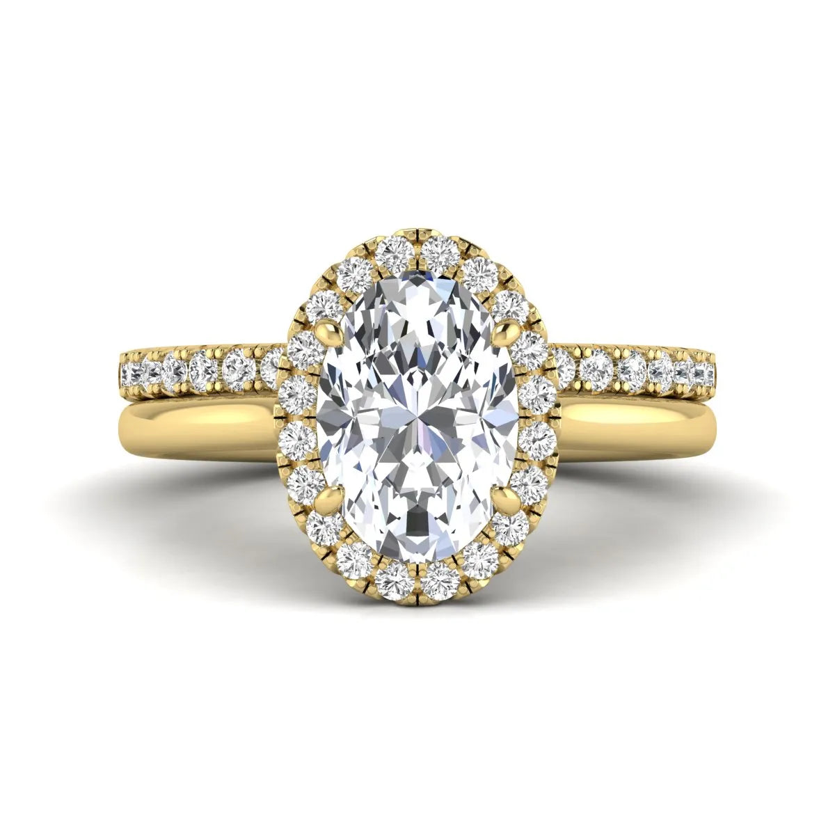 Oval halo lab grown diamond bridal ring set featuring a 2.00 carat oval center diamond with round halo and pavé side diamonds in yellow gold finish.