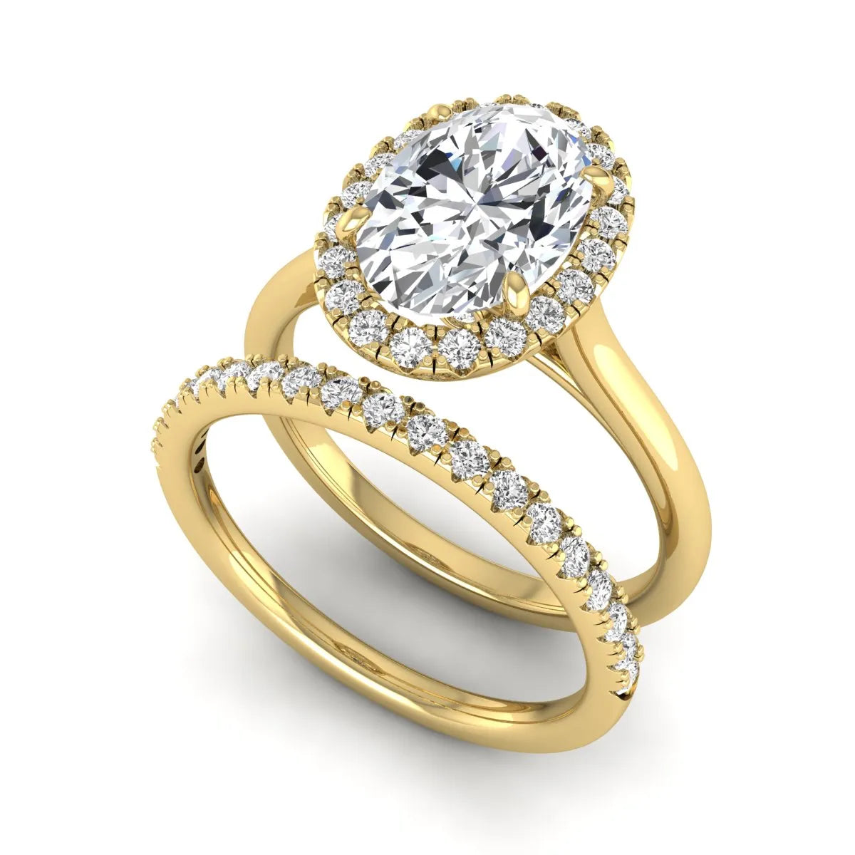 Oval halo lab grown diamond bridal ring set featuring a 2.00 carat oval center diamond with round halo and pavé side diamonds in yellow gold finish.