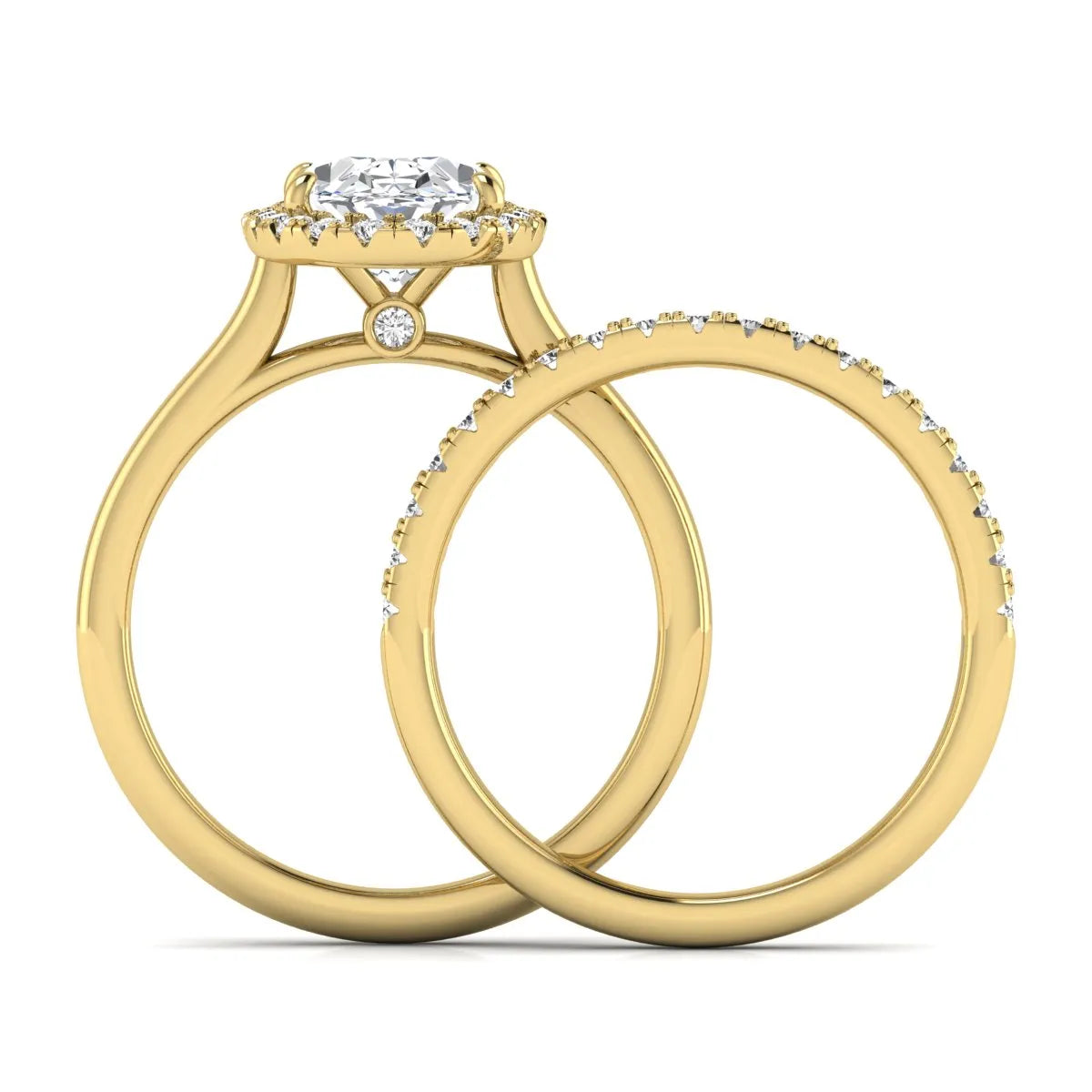 Oval halo lab grown diamond bridal ring set featuring a 2.00 carat oval center diamond with round halo and pavé side diamonds in yellow gold finish.