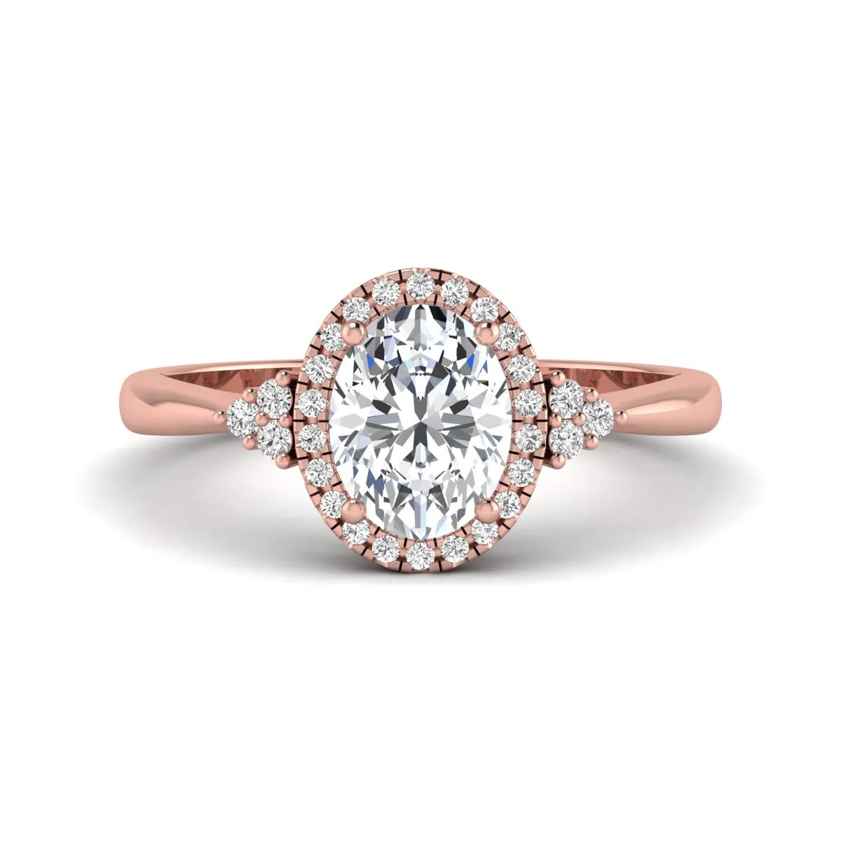 IGI Certified 1.86 carat oval cut lab grown diamond halo engagement ring with round diamond accent shoulders in rose gold.
