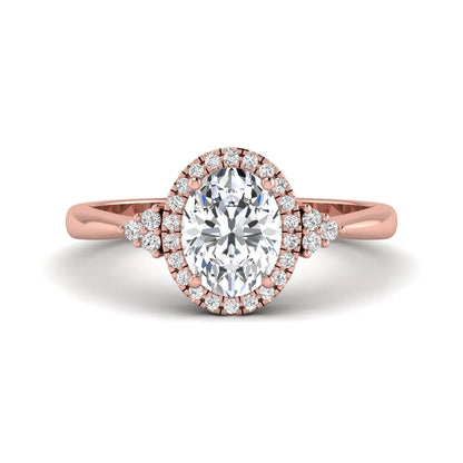 IGI Certified 1.86 carat oval cut lab grown diamond halo engagement ring with round diamond accent shoulders in rose gold.