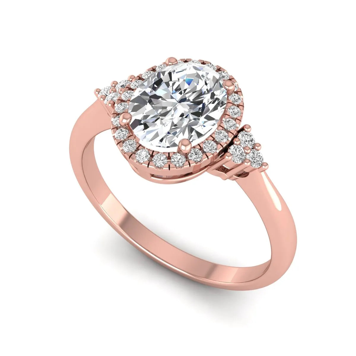 IGI Certified 1.86 carat oval cut lab grown diamond halo engagement ring with round diamond accent shoulders in rose gold.