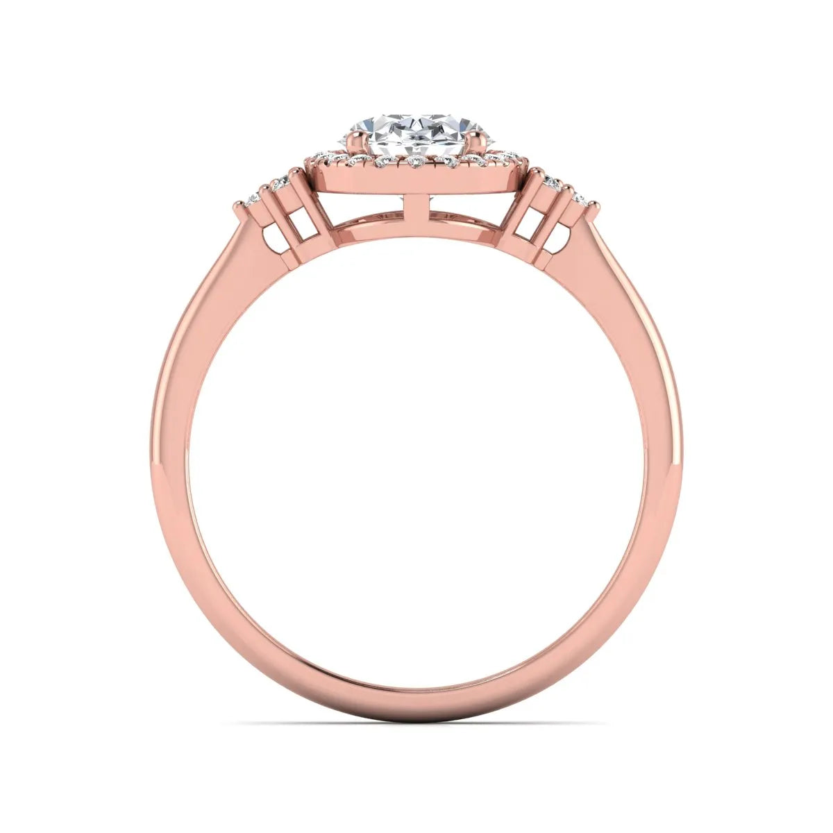 IGI Certified 1.86 carat oval cut lab grown diamond halo engagement ring with round diamond accent shoulders in rose gold.
