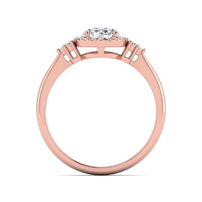 IGI Certified 1.86 carat oval cut lab grown diamond halo engagement ring with round diamond accent shoulders in rose gold.