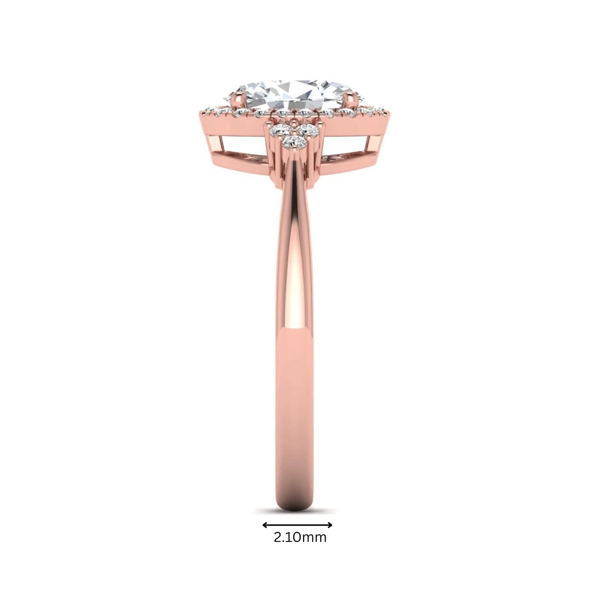 IGI Certified 1.86 carat oval cut lab grown diamond halo engagement ring with round diamond accent shoulders in rose gold.