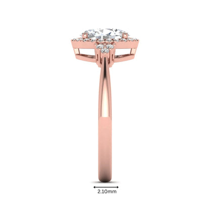 IGI Certified 1.86 carat oval cut lab grown diamond halo engagement ring with round diamond accent shoulders in rose gold.