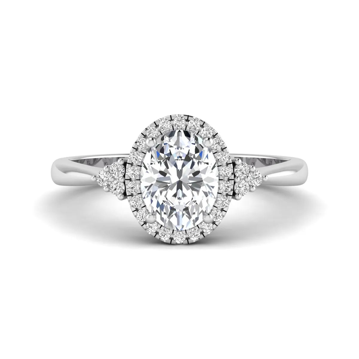 IGI Certified 1.86 carat oval cut lab grown diamond halo engagement ring with round diamond accent shoulders in white gold.